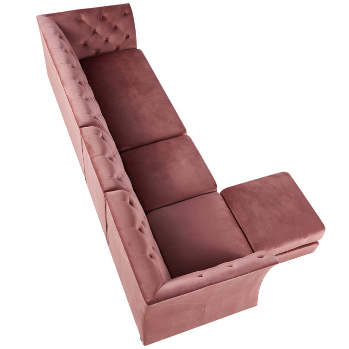 Right-angled top view glam rose pink upholstered sectional with left-facing chaise, flared arms, and button tufted back in white background