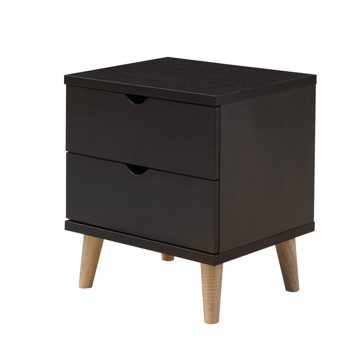 Left angled mid-century modern espresso nightstand with two drawers on a white background