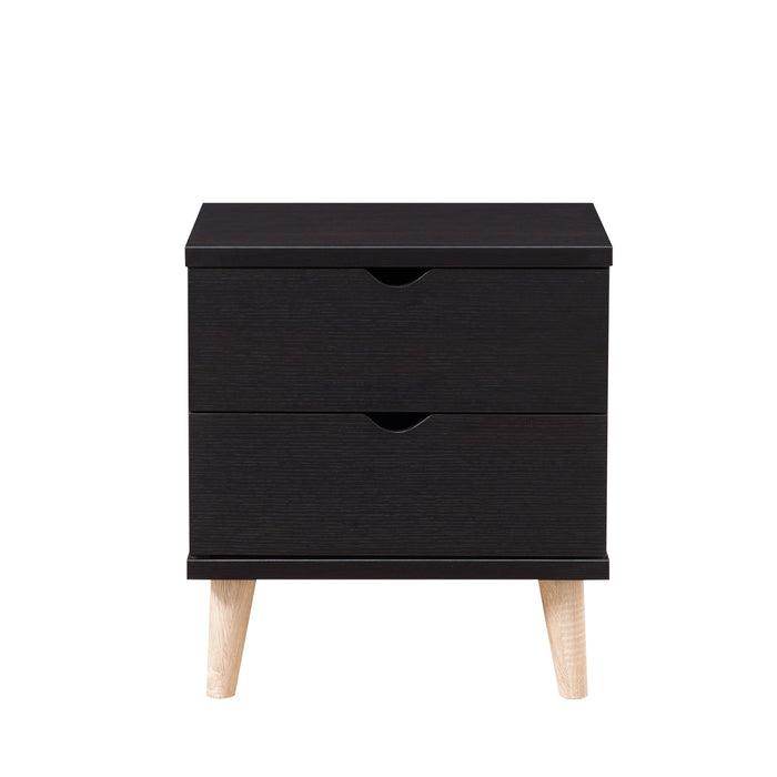 Front-facing mid-century modern espresso nightstand with two drawers on a white background