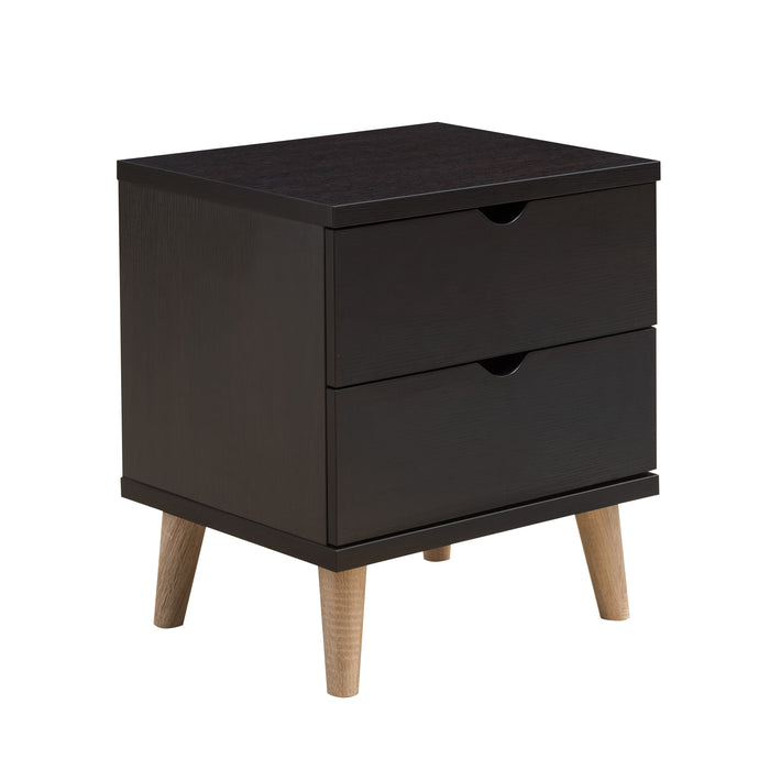 Right angled mid-century modern espresso nightstand with two drawers on a white background