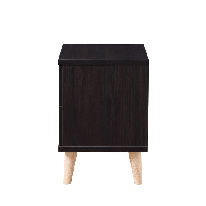 Front-facing side view mid-century modern espresso nightstand with two drawers on a white background