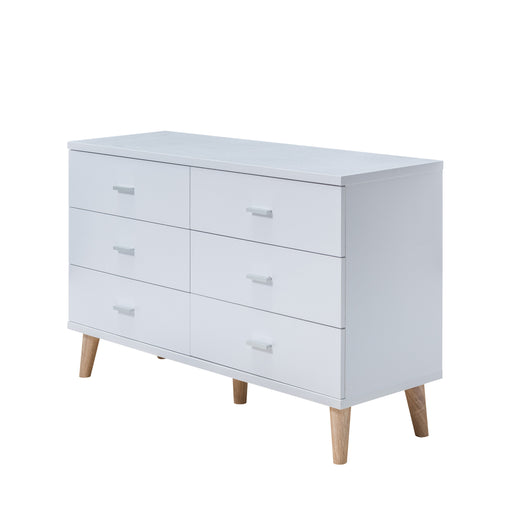 Left angled mid-century modern white six-drawer dresser on a white background