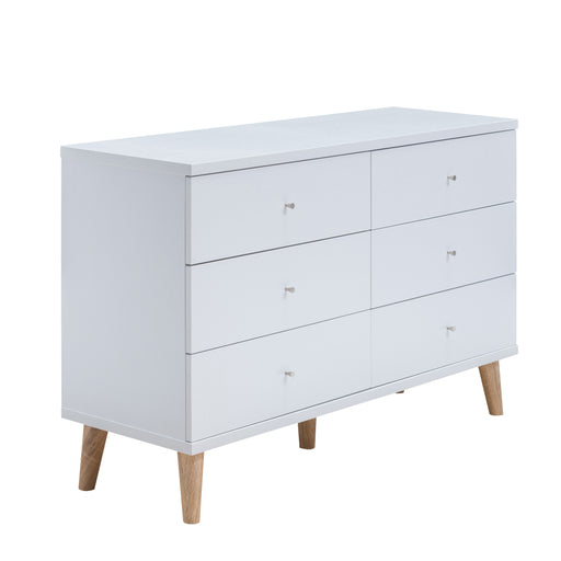 Right angled mid-century modern white six-drawer dresser on a white background