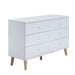Right angled mid-century modern white six-drawer dresser on a white background