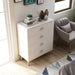 Right angled top view mid-century modern white four-drawer tall dresser in a living area with accessories