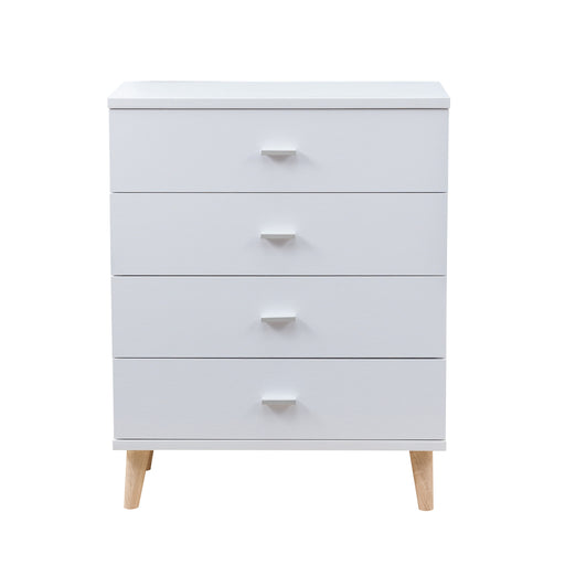 Front-facing mid-century modern white four-drawer tall dresser on a white background