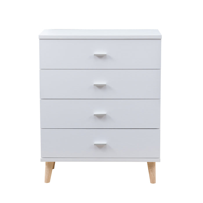 Front-facing mid-century modern white four-drawer tall dresser on a white background