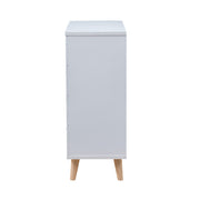 Front-facing side view mid-century modern white four-drawer tall dresser on a white background