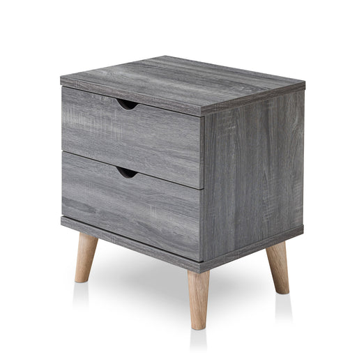 Left angled mid-century modern distressed gray two-drawer nightstand on a white background