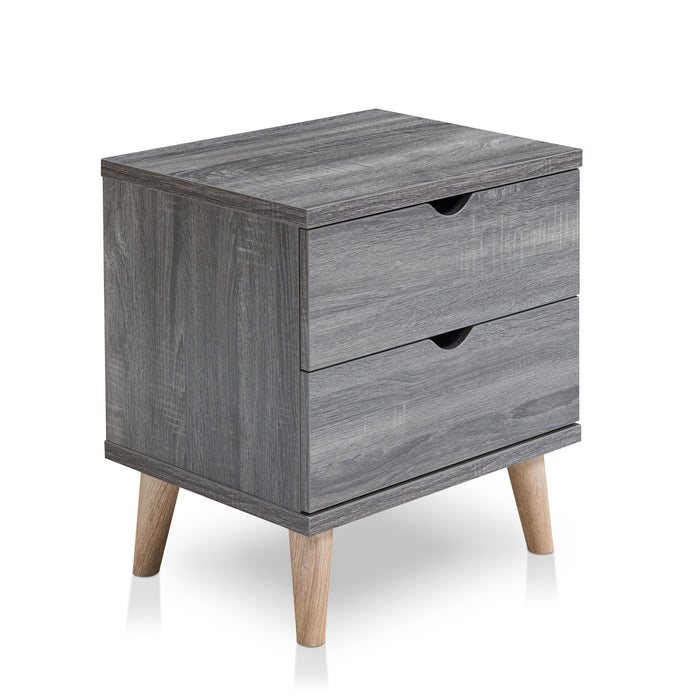 Right angled mid-century modern distressed gray two-drawer nightstand a white background
