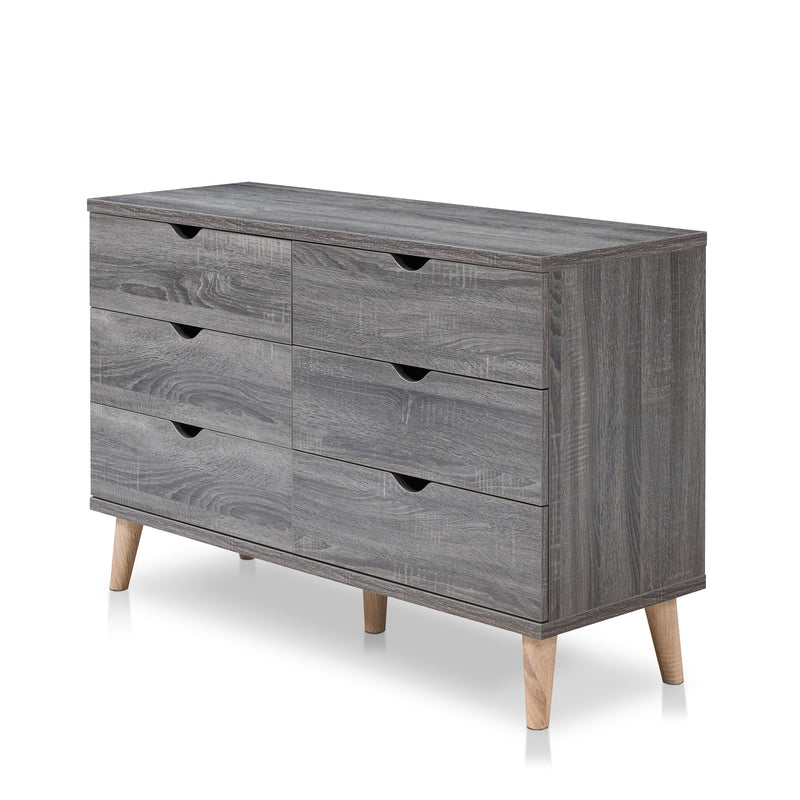 Left angled mid-century modern distressed gray six-drawer dresser on a white background