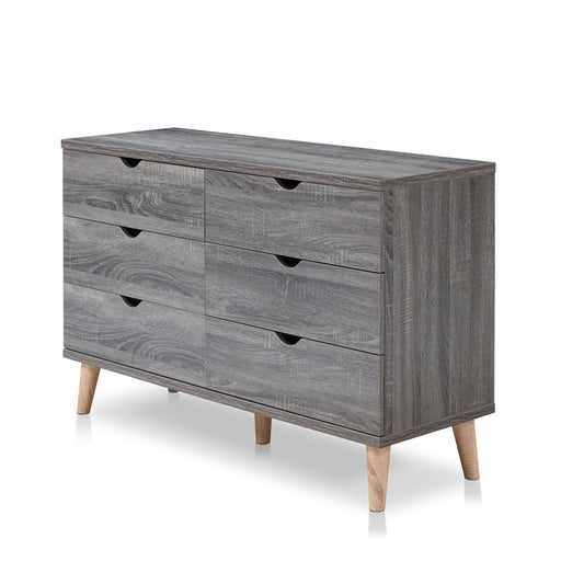 Left angled mid-century modern distressed gray six-drawer dresser on a white background