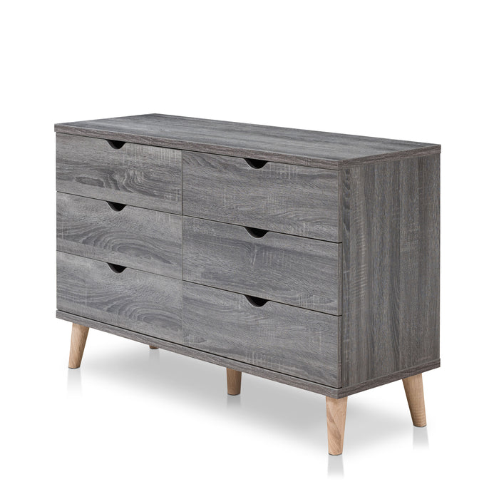 Left angled mid-century modern distressed gray six-drawer dresser on a white background