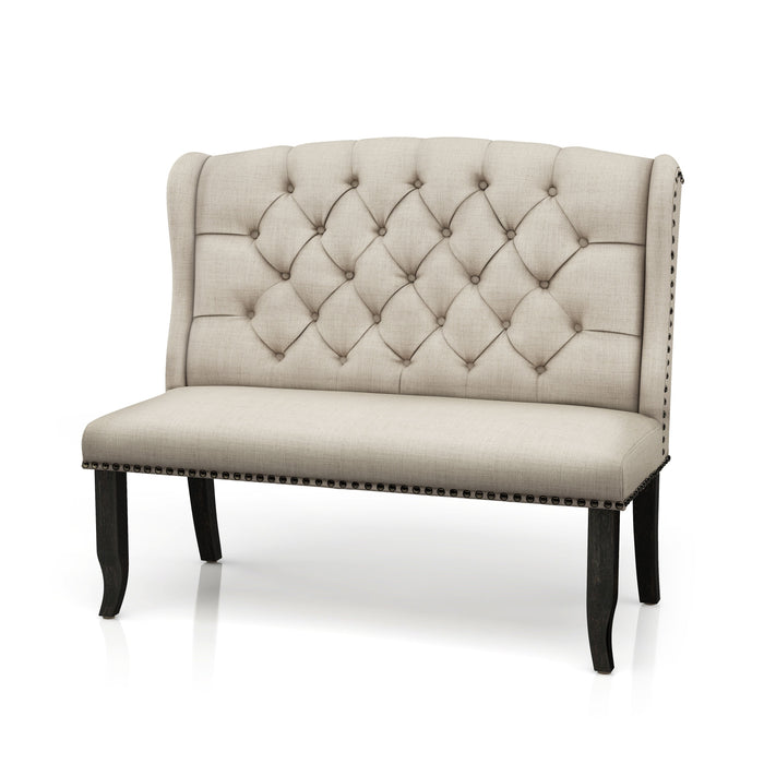 Left-angled ambrosia transitional beige nailhead trim fabric loveseat dining bench on a white background