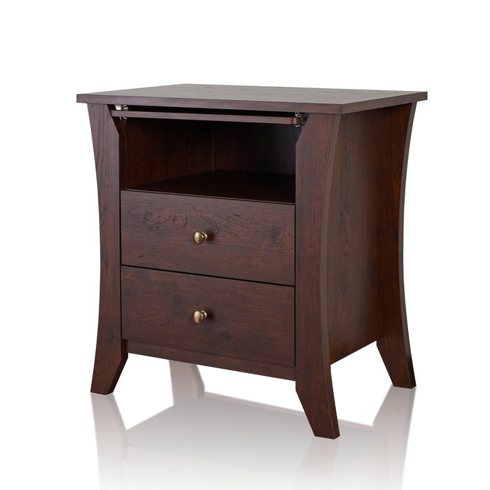 Left-angled vintage walnut nightstand against a white background. Curved leg panels create a calming silhouette while copper knobs add class to the two drawers. An open shelf houses a slide-out tray.