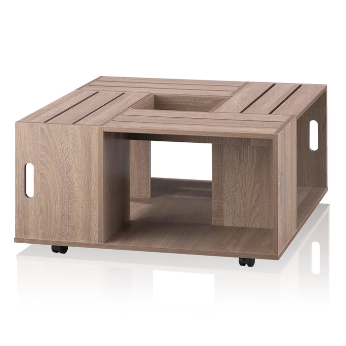 Brando Farmhouse Weathered White Crate Inspired Mobile Coffee Table