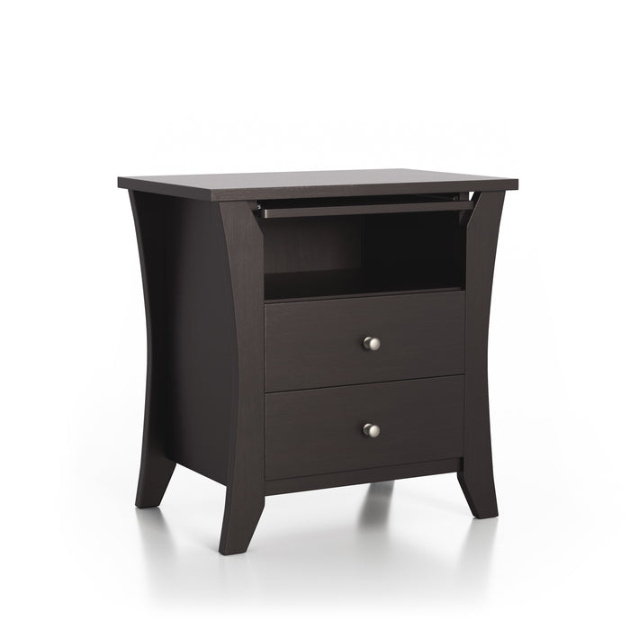 Right-angled espresso finished nightstand against a white background. Curved leg panels create a calming silhouette while silver knobs add a modern touch to the two drawers. An open shelf houses a slide-out tray.