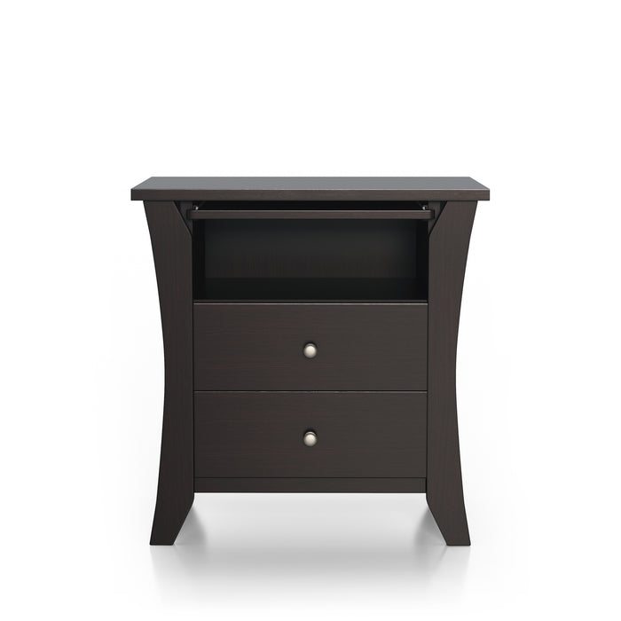Straight-facing espresso finished nightstand against a white background. Curved leg panels create a calming silhouette while silver knobs add a modern touch to the two drawers. An open shelf houses a slide-out tray.