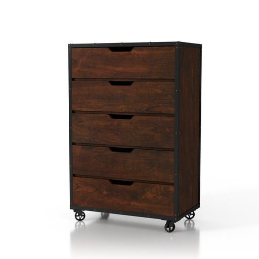 Left-angled vintage walnut 5-drawer chest against a white background. Grooved pulls offer clean drawer facets. Metal and rivet edge trim adds an industrial touch to the rustic plank-style paneling. Metal wheels for feet uphold the chest.