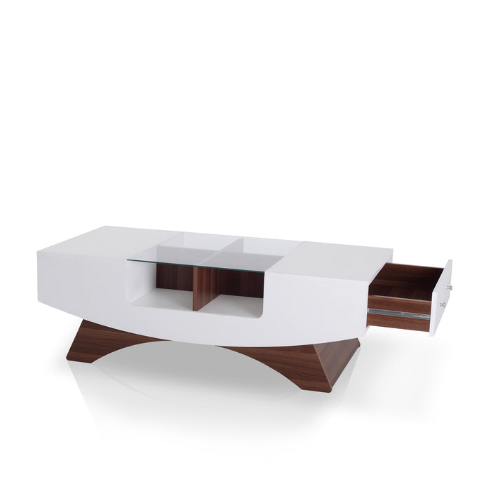 Gregerson White & Walnut 2-Drawer Coffee Table with Glass Insert Top