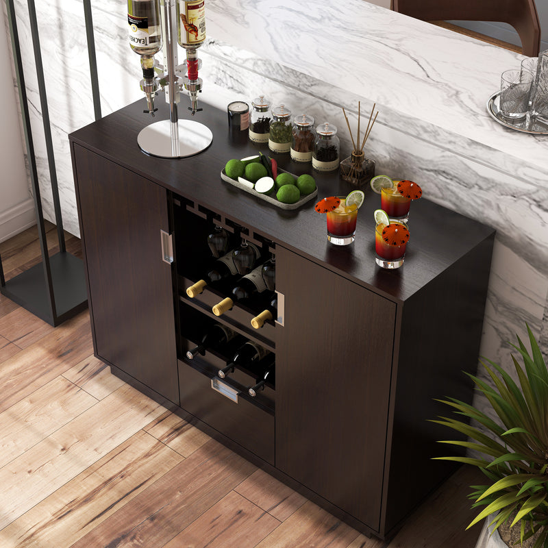 Top view of an espresso wine bar cabinet in a contemporary home. The sideboard holds 3 Paloma cocktails and a tray of limes.