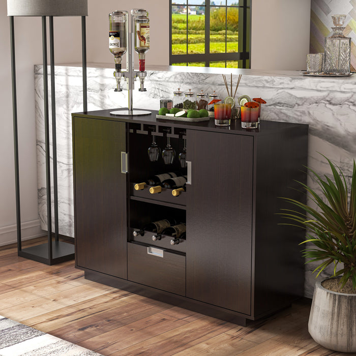 Left-angled espresso wine bar cabinet in a contemporary home. The sideboard holds 3 Paloma cocktails and a tray of limes.