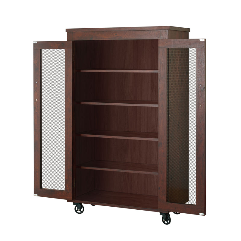 Lorenze Vintage Walnut & Wire Mesh 5-shelf Mobile Shoe Storage Cabinet