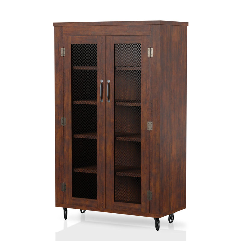 Lorenze Vintage Walnut & Wire Mesh 5-shelf Mobile Shoe Storage Cabinet