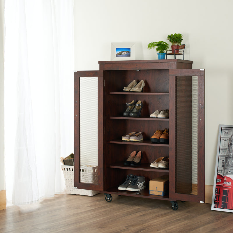Lorenze Vintage Walnut & Wire Mesh 5-shelf Mobile Shoe Storage Cabinet
