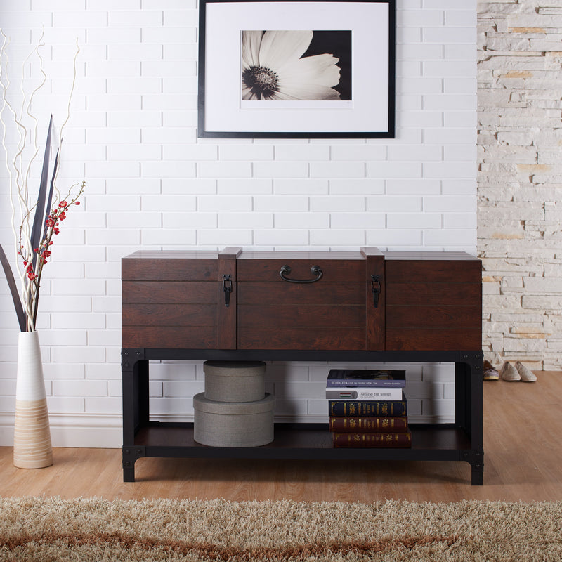 Tidal Vintage Walnut Storage Chest on Metal Entryway Console Table