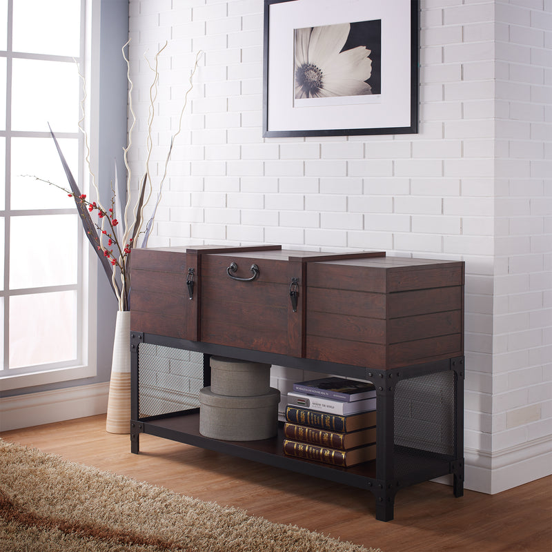 Tidal Vintage Walnut Storage Chest on Metal Entryway Console Table