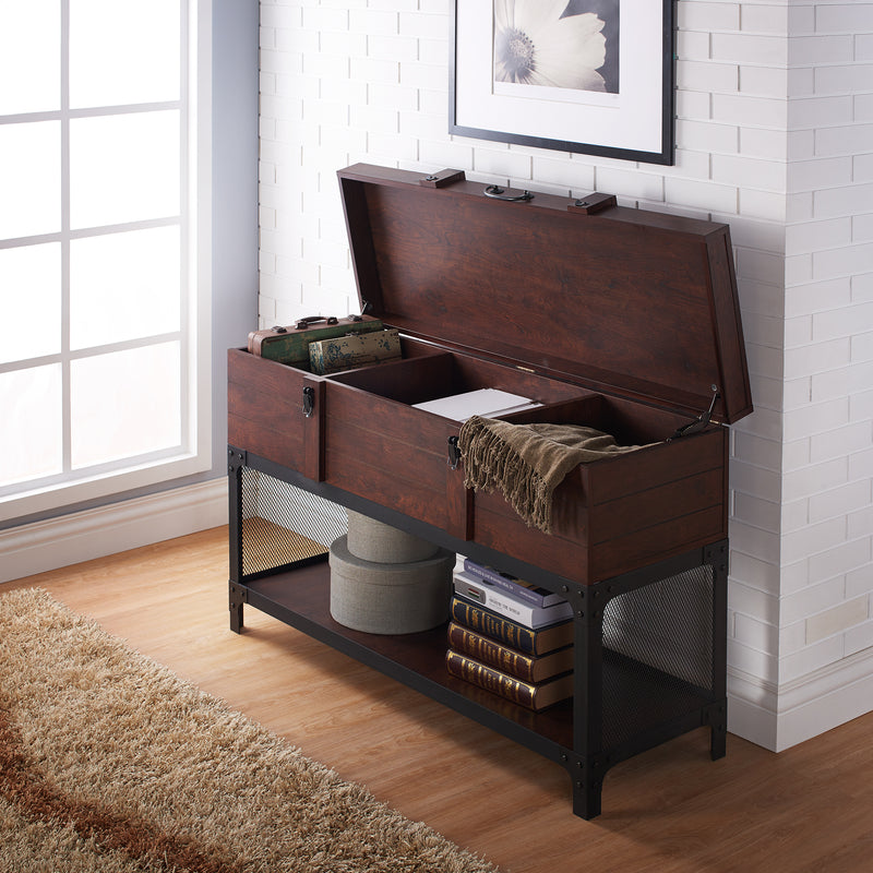 Tidal Vintage Walnut Storage Chest on Metal Entryway Console Table