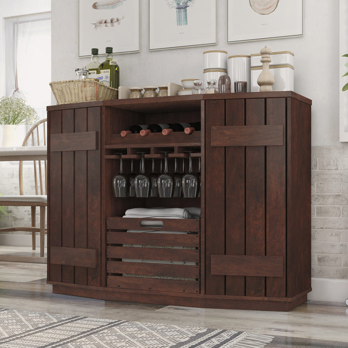 Phelan Walnut Slatted 4-Bottle Wine Bar Cabinet with Removable Crate