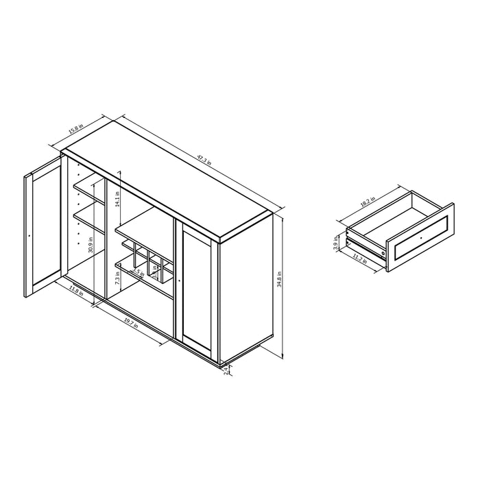 Diagram of a wine bar cabinet with the dimensions: 47.3 inches wide x 15.8 inches deep x 34.8 inches high