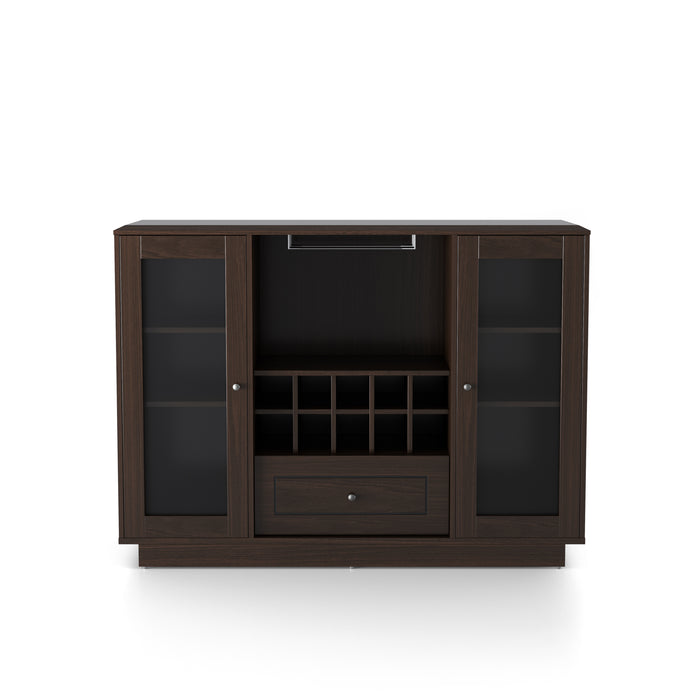 Front-facing espresso wine bar cabinet against a white background. Below the beveled tabletop are two metal hanging stemware racks, a 10-slot wine rack, and a drawer. Flanking these are two glass-paneled cabinets with six total shelves. The entire buffet is elevated on a base frame.