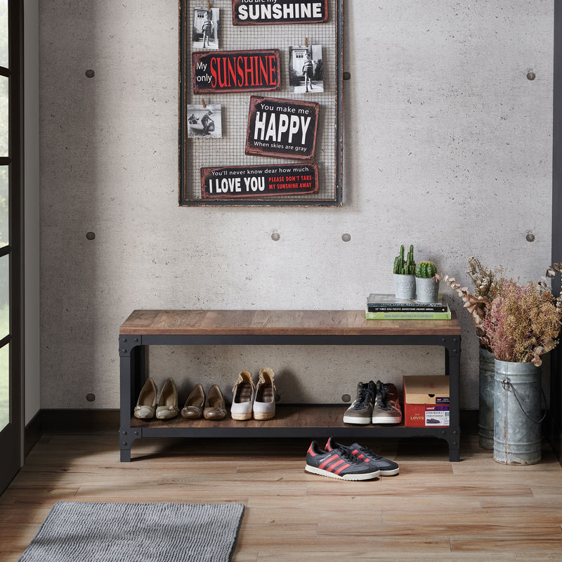 Cantoner Urban Reclaimed Oak & Metal Mesh Shoe Bench with Lower Shelf
