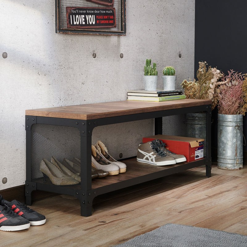 Cantoner Urban Reclaimed Oak & Metal Mesh Shoe Bench with Lower Shelf