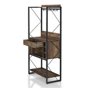 Left angled industrial reclaimed oak baker's rack with drawer open on a white background