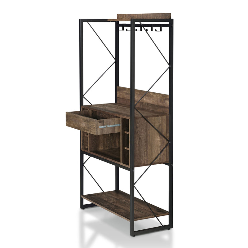 Left angled industrial reclaimed oak baker's rack with drawer open on a white background