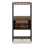 Front-facing industrial reclaimed oak baker's rack with drawer open on a white background