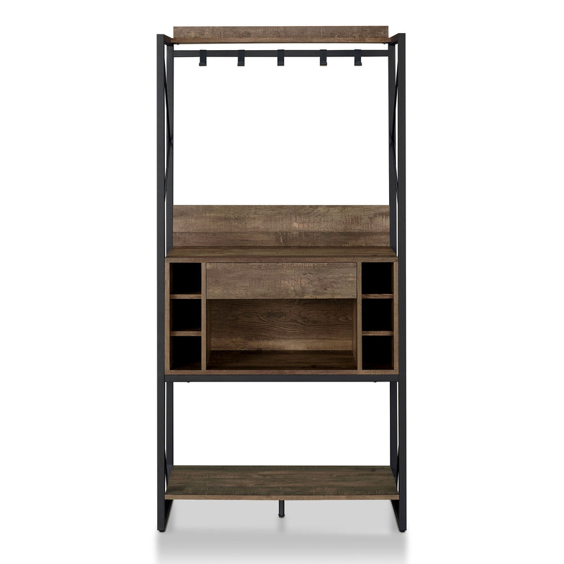 Front-facing industrial reclaimed oak baker's rack with drawer open on a white background