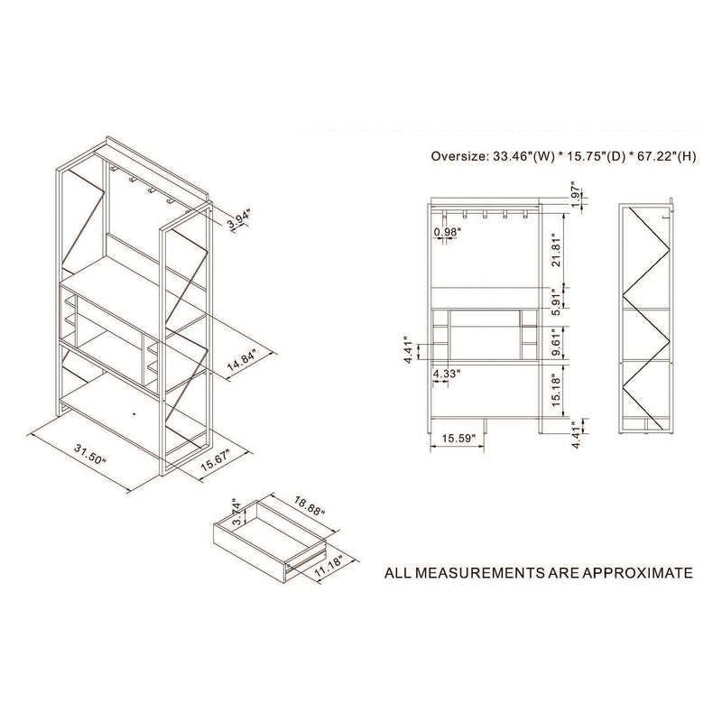 Line drawing for industrial reclaimed oak baker's rack with drawer open on a white background with dimensions