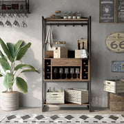 Front-facing industrial reclaimed oak baker's rack with drawer open in a dining room with accessories