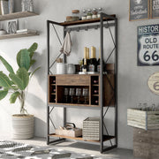 Left angled industrial reclaimed oak baker's rack with drawer open in a dining room with accessories