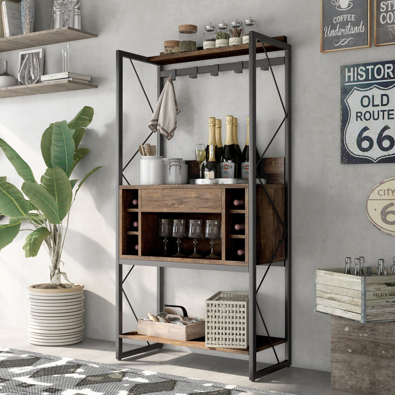 Left angled industrial reclaimed oak baker's rack with drawer open in a dining room with accessories