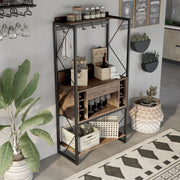 Right angled industrial reclaimed oak baker's rack with drawer open in a dining room with accessories