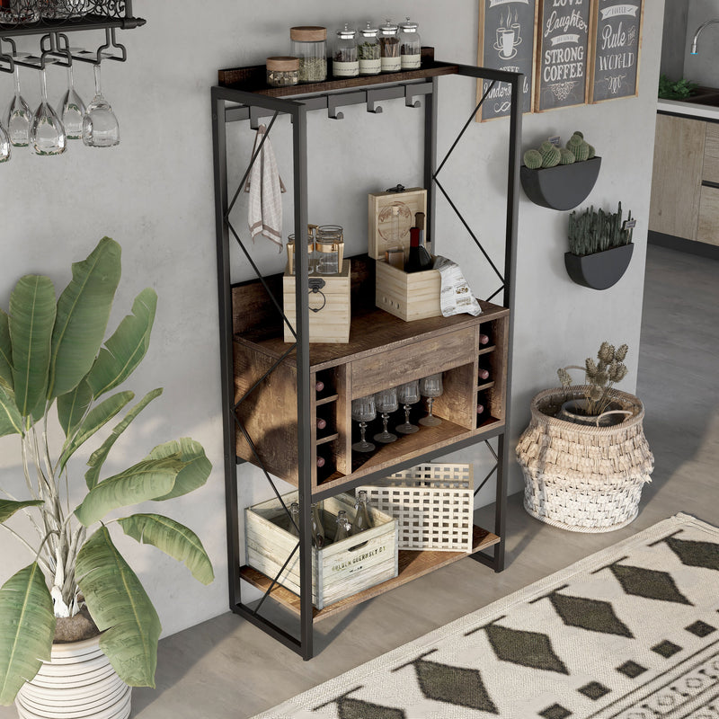 Right angled industrial reclaimed oak baker's rack with drawer open in a dining room with accessories
