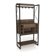 Right angled industrial reclaimed oak baker's rack with drawer open on a white background