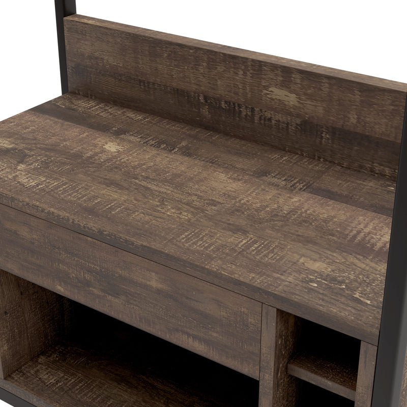 Left angled close up industrial reclaimed oak baker's rack on a white background.