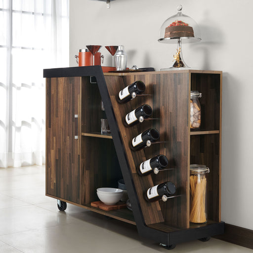 Left angled contemporary light hickory buffet with wine rack and wheels in a living area with accessories